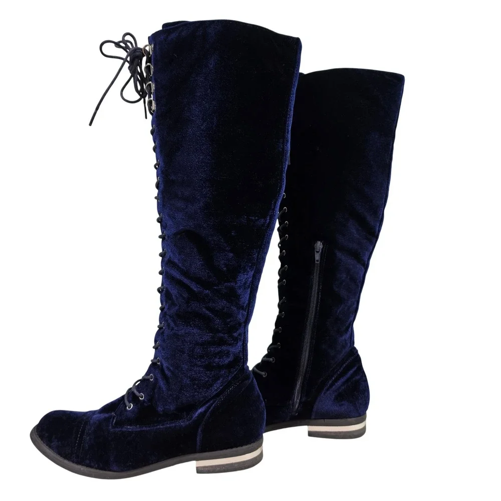 Steampunk Tall Boots Womens 7.5 Blue Jermesha Velvet Lace Up Side Zip Boots